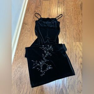 Vintage Black Velvet Witchy Maxi Slip Dress Floral Glitter Detail whimsigoth